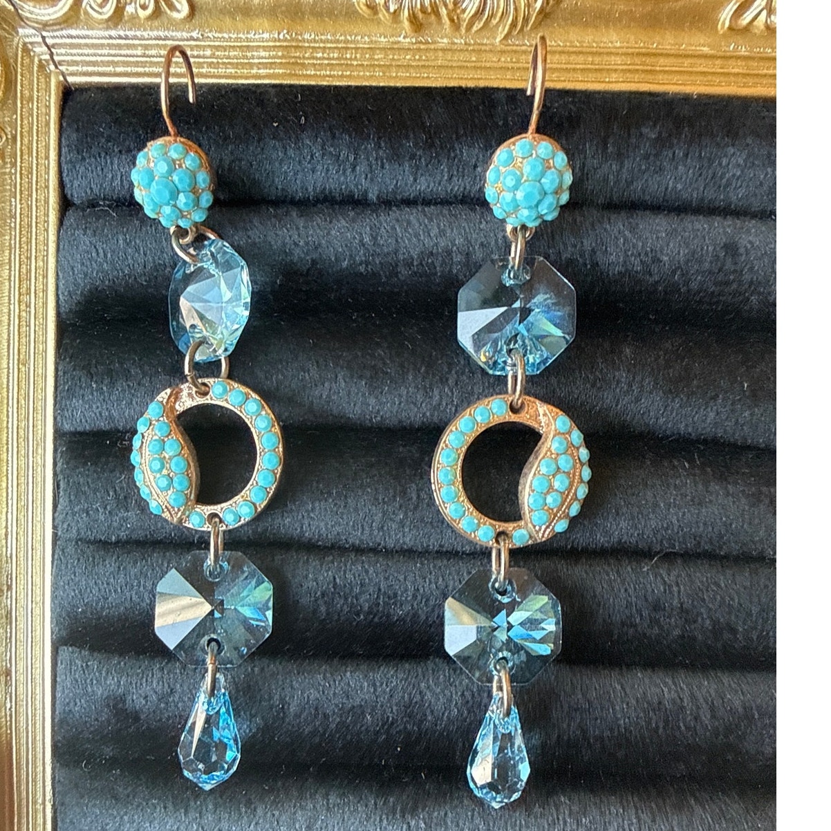 Vintage-Style Turquoise & Aqua Drop Earrings Gold Tone French Leverback